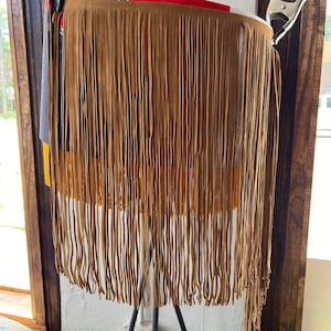 Tan Suede/Dark Brown Leather Fringe, 20 inch length with 1/2 bias at the top, sold by the foot