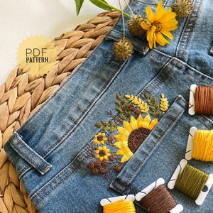 Sunflower embroidery for shorts jeans pocket, Hand embroidered summer clothing design for denim, Patch back pocket jeans