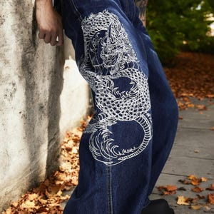 Unisex Y2k Dragon Embroidered Premium Baggy Denim Jeans - Blue Denim Jeans, Black Denim Jeans, Baggy Jeans, Y2k Pants, Graphic Y2k Jeans