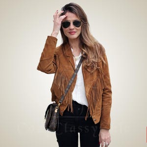 Western Brown Suede Leather Wear Fringe Vintage Coat Jacket for Women, Women Tan Western Fringes Leather Jacket, Fringed Suede Leather Coat