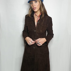 Vintage 1970s Dark Brown Suede Trench Coat - Women Long Leather Coat - Bohemian Long Suede Coat