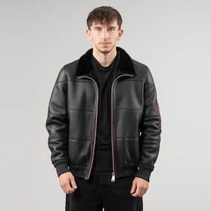 Men's Black Sheepskin Leather Jacket with Fur Collar