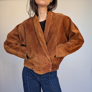 1980s Women's Brown Suede Leather Jacket – Genuine Leather, Cropped Fit & Slouchy Sleeves