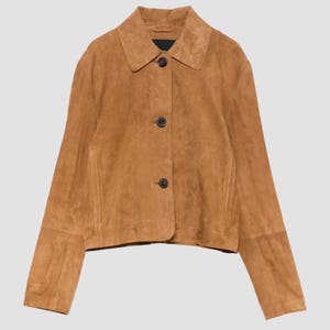 Women's Vintage Suede Leather Jacket - Brown Cropped Coat, Button-Up, Retro Style, Soft & Stylish Fall Outerwear, Western Boho Chic