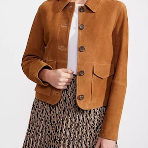 Women's Brown Suede Leather Trucker Jacket – Vintage Style Classic Western Jacket – Soft Genuine Suede Coat – Casual & Chic Fall Outfit