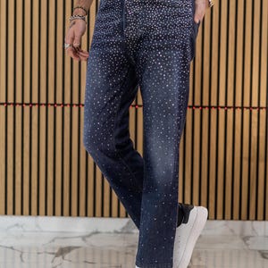 Black Diamond Strass Jeans Men, Relaxed Fit Denim with Platinum and Strass Details, Luxury and Streetwear Trousers for Party Looks