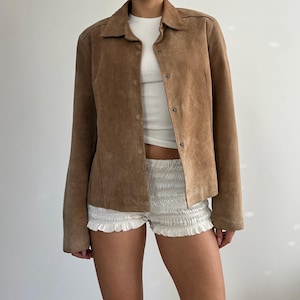 Vintage Women’s Light Brown Suede Leather Jacket Bomber / Beige Sand Fitted Short Blazer / Western Cowboy Shirt / y2k 00s 90s / size 46