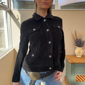 Western Style Suede Trucker Jacket for Women - Black Vintage Button up Suede Leather Jacket Women - 90s Slim Fit Suede Leather Jacket