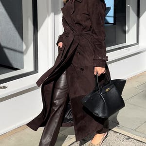 Women’s Brown Suede Leather Trench Coat – Vintage Western Style Genuine Suede Coat, Elegant Formal Outerwear, Perfect Gift for Her