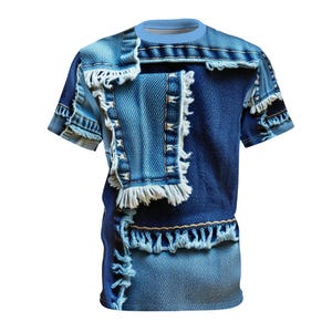 Denim Blue Jeans Style Tee, Unisex T-Shirt, Vintage Wash Top, Casual Fashion Shirt, Graphic Print, Distressed Look