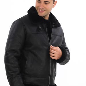 Men's Black Shearling Leather Jacket - Handmade Real Lambskin Aviator Winter Coat - Warm Fur Collar & Cuffs Bomber Jacket