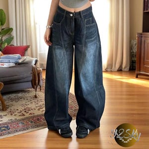 Y2K Embroidered Baggy Jeans, Wide-Leg Denim Pants, High-Waisted Vintage Streetwear, Oversized Retro Women's Jeans