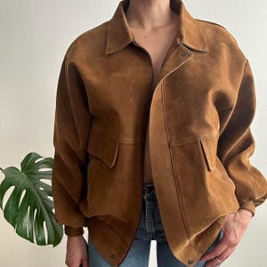 Vintage 80s Oversized Brown Suede Bomber Jacket – Women’s Genuine Suede Leather Coat